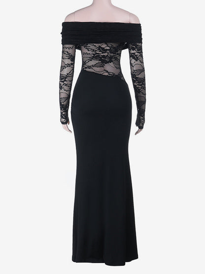 Off Shoulder Lace Patchwork Maxi Dress For Women - Black Gothic Sheer Sleeve Bodycon Gown - Spring Gala Party Outfits 2026