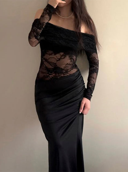 Off Shoulder Lace Patchwork Maxi Dress For Women - Black Gothic Sheer Sleeve Bodycon Gown - Spring Gala Party Outfits 2026