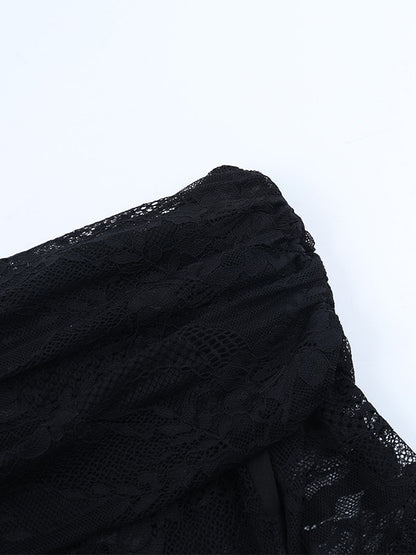 Off Shoulder Lace Patchwork Maxi Dress For Women - Black Gothic Sheer Sleeve Bodycon Gown - Spring Gala Party Outfits 2026