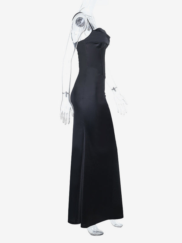Spaghetti Strap Corset Maxi Dress For Women - Black Elegant Bodycon Gown - Spring Evening Wedding Guest 2026