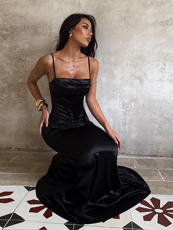Spaghetti Strap Corset Maxi Dress For Women - Black Elegant Bodycon Gown - Spring Evening Wedding Guest 2026