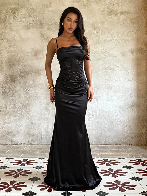 Spaghetti Strap Corset Maxi Dress For Women - Black Elegant Bodycon Gown - Spring Evening Wedding Guest 2026