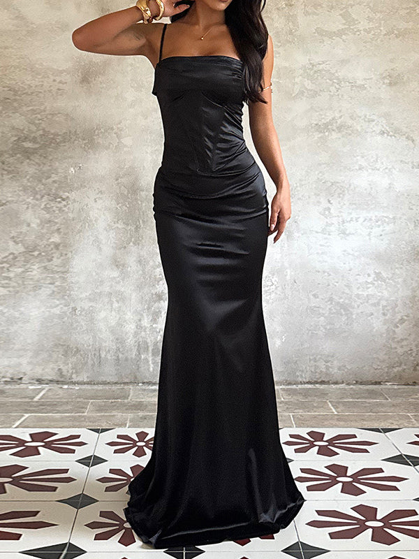 Spaghetti Strap Corset Maxi Dress For Women - Black Elegant Bodycon Gown - Spring Evening Wedding Guest 2026