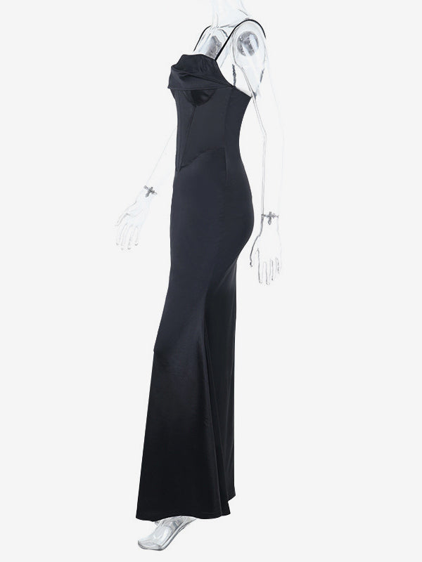 Spaghetti Strap Corset Maxi Dress For Women - Black Elegant Bodycon Gown - Spring Evening Wedding Guest 2026