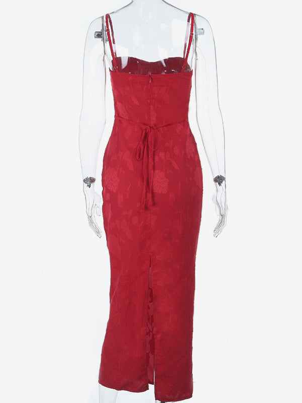 Red Floral Jacquard Maxi Dress For Women - Romantic Slim Fit Cami Dress - Summer Date Night Outfits 2026