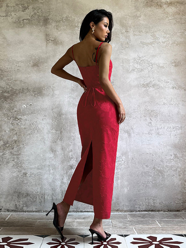 Red Floral Jacquard Maxi Dress For Women - Romantic Slim Fit Cami Dress - Summer Date Night Outfits 2026