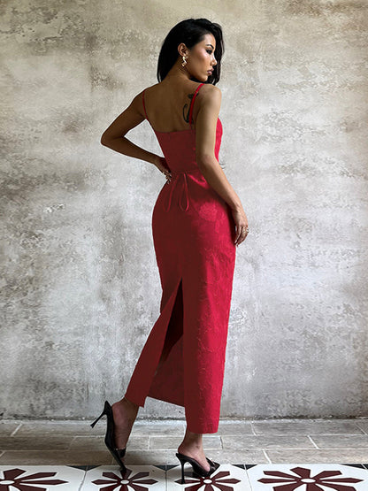 Red Floral Jacquard Maxi Dress For Women - Romantic Slim Fit Cami Dress - Summer Date Night Outfits 2026