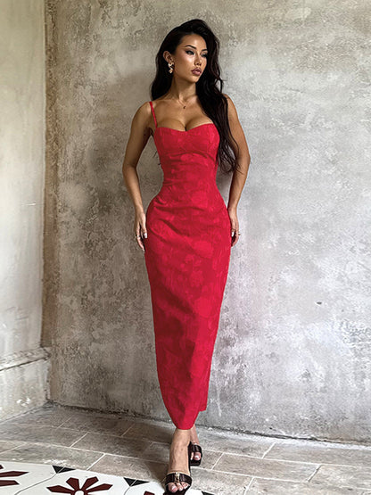 Red Floral Jacquard Maxi Dress For Women - Romantic Slim Fit Cami Dress - Summer Date Night Outfits 2026
