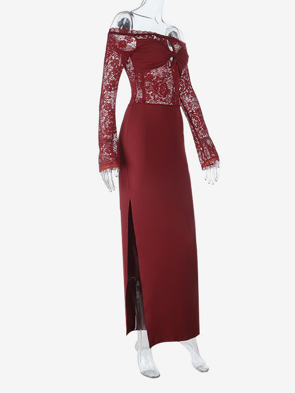 Off Shoulder Lace Patchwork Maxi Dress For Women - Wine Red Long Sleeve Slit Bodycon Gown - Spring Evening Party 2026