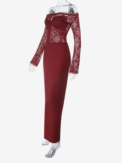Off Shoulder Lace Patchwork Maxi Dress For Women - Wine Red Long Sleeve Slit Bodycon Gown - Spring Evening Party 2026