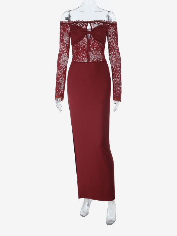 Off Shoulder Lace Patchwork Maxi Dress For Women - Wine Red Long Sleeve Slit Bodycon Gown - Spring Evening Party 2026