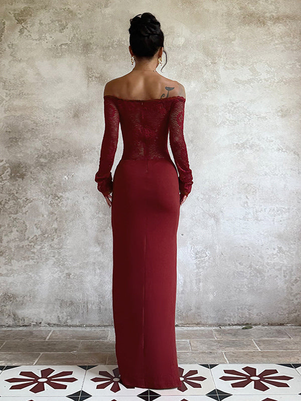 Off Shoulder Lace Patchwork Maxi Dress For Women - Wine Red Long Sleeve Slit Bodycon Gown - Spring Evening Party 2026