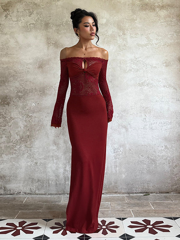 Off Shoulder Lace Patchwork Maxi Dress For Women - Wine Red Long Sleeve Slit Bodycon Gown - Spring Evening Party 2026