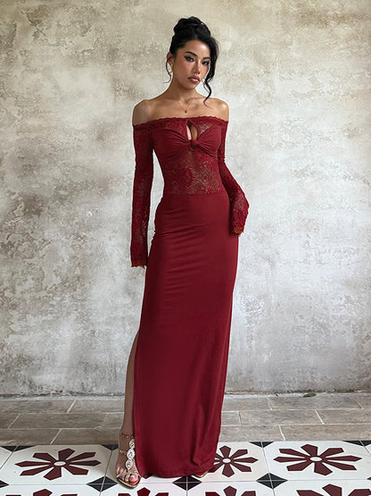 Off Shoulder Lace Patchwork Maxi Dress For Women - Wine Red Long Sleeve Slit Bodycon Gown - Spring Evening Party 2026