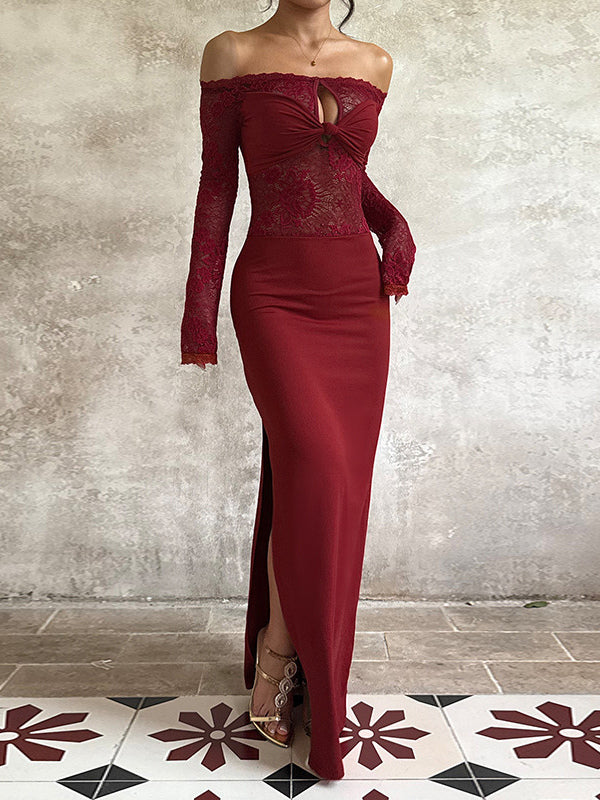Off Shoulder Lace Patchwork Maxi Dress For Women - Wine Red Long Sleeve Slit Bodycon Gown - Spring Evening Party 2026