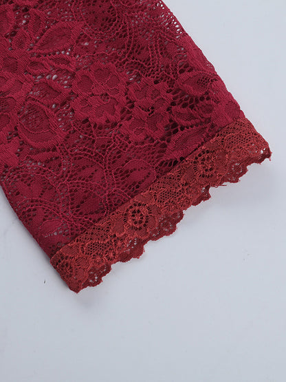 Off Shoulder Lace Patchwork Maxi Dress For Women - Wine Red Long Sleeve Slit Bodycon Gown - Spring Evening Party 2026