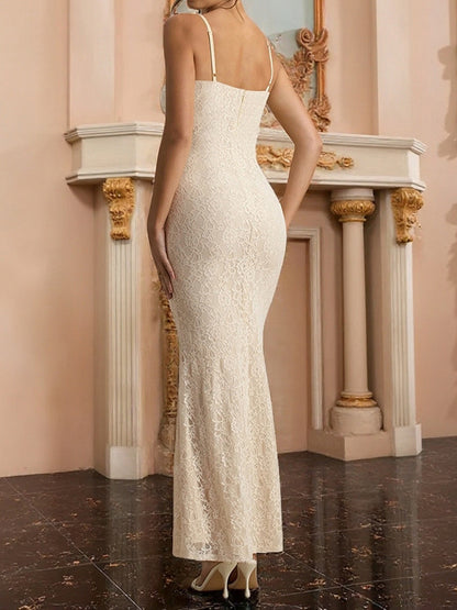 Aesthetic Lace Maxi Dress For Women - Apricot Ruched Bodycon Gown - Summer Wedding Guest Party Wear 2026