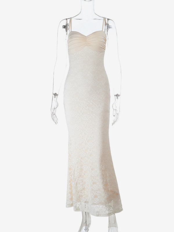 Aesthetic Lace Maxi Dress For Women - Apricot Ruched Bodycon Gown - Summer Wedding Guest Party Wear 2026