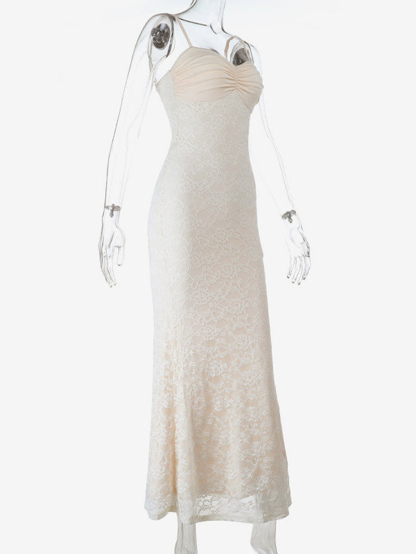 Aesthetic Lace Maxi Dress For Women - Apricot Ruched Bodycon Gown - Summer Wedding Guest Party Wear 2026