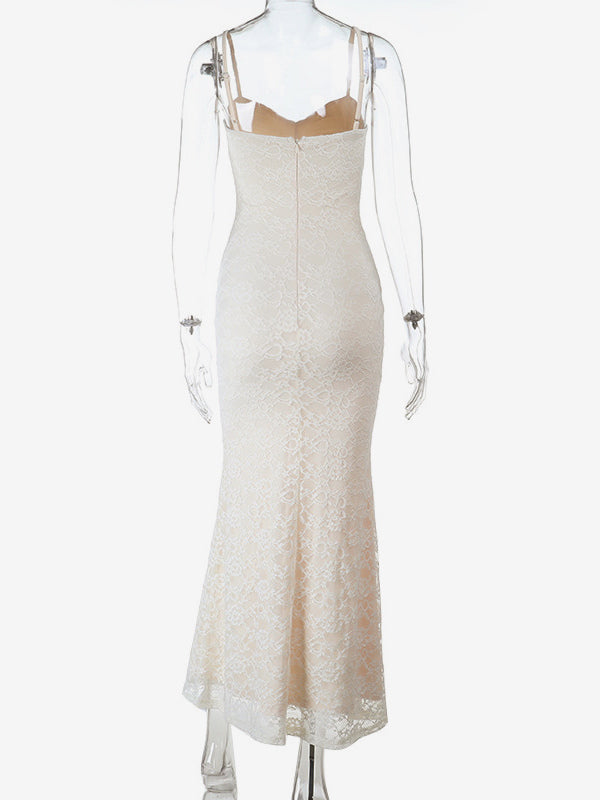 Aesthetic Lace Maxi Dress For Women - Apricot Ruched Bodycon Gown - Summer Wedding Guest Party Wear 2026
