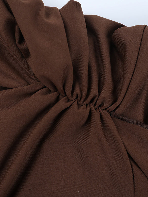 Halter Deep V Neck Maxi Dress For Women - Brown Slinky Ruched Backless Bodycon Gown - Summer Evening Party 2026
