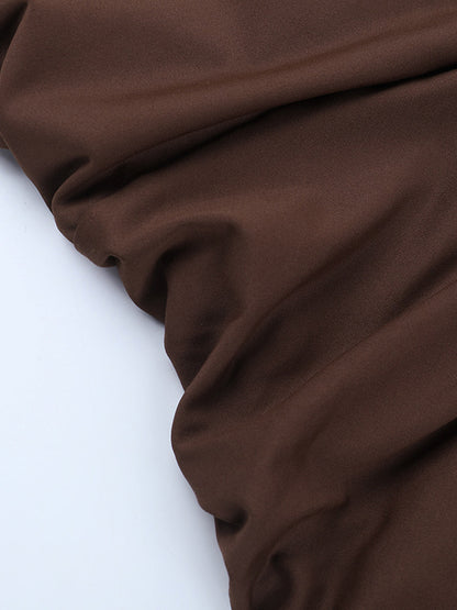 Halter Deep V Neck Maxi Dress For Women - Brown Slinky Ruched Backless Bodycon Gown - Summer Evening Party 2026