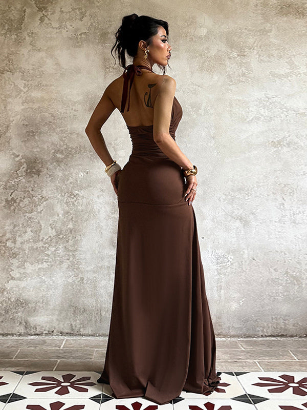 Halter Deep V Neck Maxi Dress For Women - Brown Slinky Ruched Backless Bodycon Gown - Summer Evening Party 2026