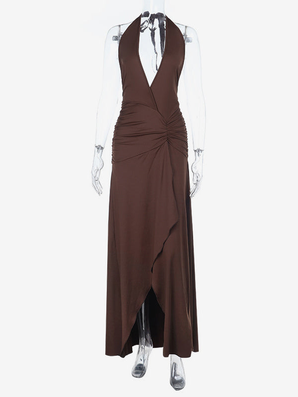 Halter Deep V Neck Maxi Dress For Women - Brown Slinky Ruched Backless Bodycon Gown - Summer Evening Party 2026