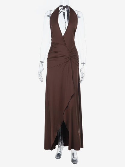 Halter Deep V Neck Maxi Dress For Women - Brown Slinky Ruched Backless Bodycon Gown - Summer Evening Party 2026