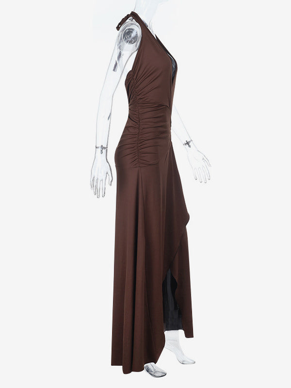 Halter Deep V Neck Maxi Dress For Women - Brown Slinky Ruched Backless Bodycon Gown - Summer Evening Party 2026