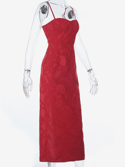 Red Floral Jacquard Maxi Dress For Women - Romantic Slim Fit Cami Dress - Summer Date Night Outfits 2026