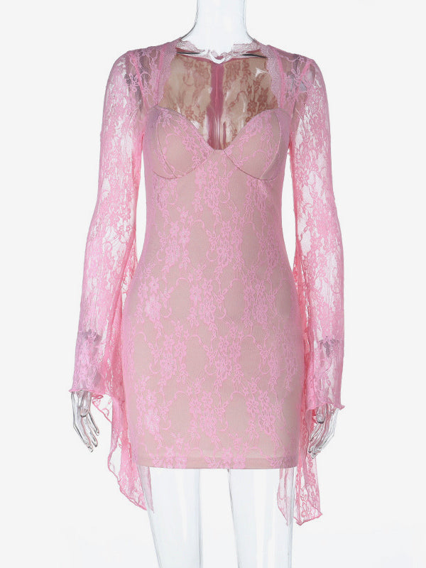 Fairycore Lace Bodycon Mini Dress For Women - Pink Bell Sleeve Slim Fit - Spring Romantic Date Night 2026