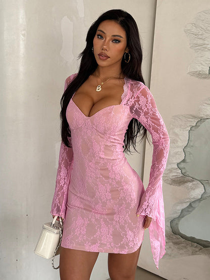 Fairycore Lace Bodycon Mini Dress For Women - Pink Bell Sleeve Slim Fit - Spring Romantic Date Night 2026