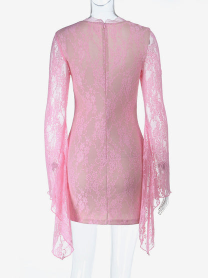 Fairycore Lace Bodycon Mini Dress For Women - Pink Bell Sleeve Slim Fit - Spring Romantic Date Night 2026