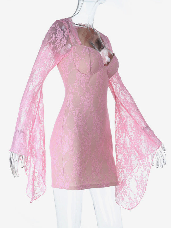 Fairycore Lace Bodycon Mini Dress For Women - Pink Bell Sleeve Slim Fit - Spring Romantic Date Night 2026
