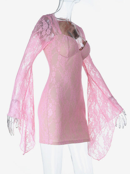 Fairycore Lace Bodycon Mini Dress For Women - Pink Bell Sleeve Slim Fit - Spring Romantic Date Night 2026