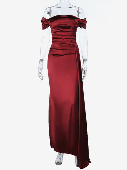 Off Shoulder Satin Maxi Dress For Women - Wine Red Elegant High Slit Ruched Gown - Spring Wedding Guest Party Wear 2026