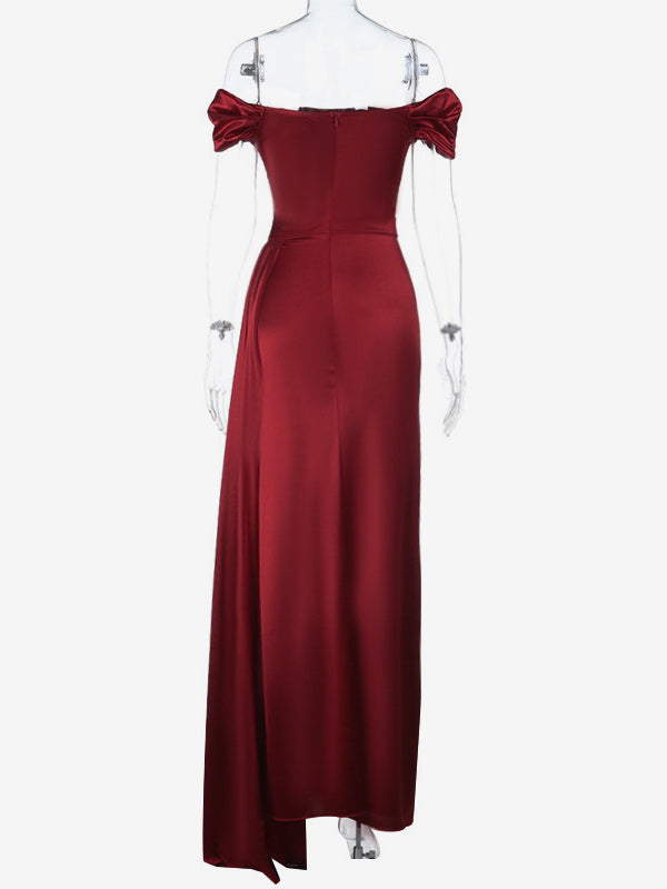 Off Shoulder Satin Maxi Dress For Women - Wine Red Elegant High Slit Ruched Gown - Spring Wedding Guest Party Wear 2026