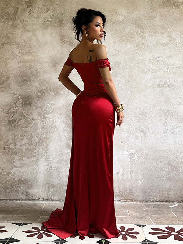 Off Shoulder Satin Maxi Dress For Women - Wine Red Elegant High Slit Ruched Gown - Spring Wedding Guest Party Wear 2026