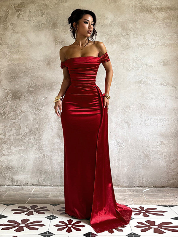 Off Shoulder Satin Maxi Dress For Women - Wine Red Elegant High Slit Ruched Gown - Spring Wedding Guest Party Wear 2026