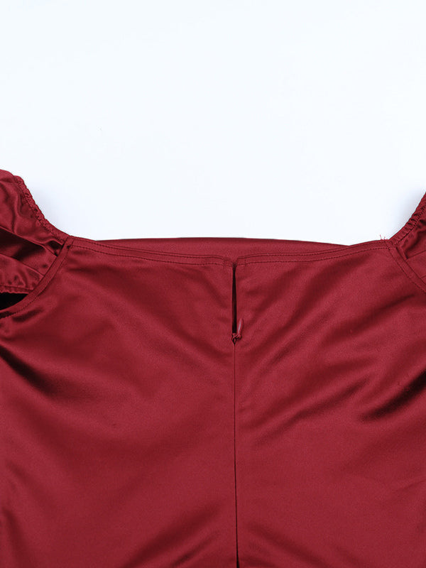 Off Shoulder Satin Maxi Dress For Women - Wine Red Elegant High Slit Ruched Gown - Spring Wedding Guest Party Wear 2026