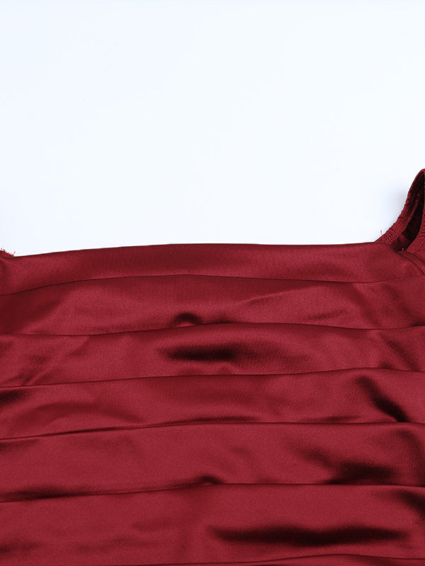 Off Shoulder Satin Maxi Dress For Women - Wine Red Elegant High Slit Ruched Gown - Spring Wedding Guest Party Wear 2026
