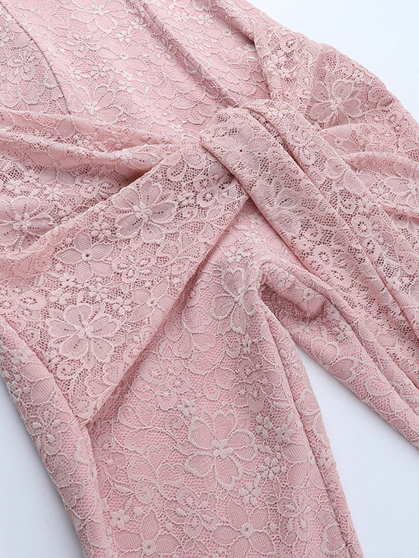 Pink Fairycore Lace Jumpsuit For Women - Tie Front Flare Leg Romper - Summer Romantic Date Night Party Wear 2026