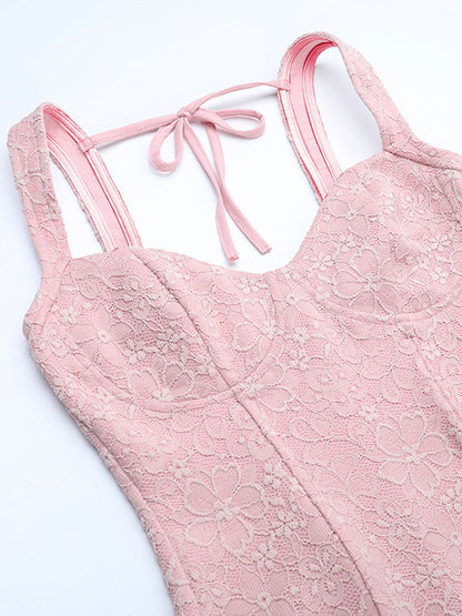 Pink Fairycore Lace Jumpsuit For Women - Tie Front Flare Leg Romper - Summer Romantic Date Night Party Wear 2026
