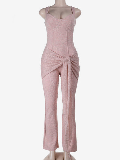 Pink Fairycore Lace Jumpsuit For Women - Tie Front Flare Leg Romper - Summer Romantic Date Night Party Wear 2026