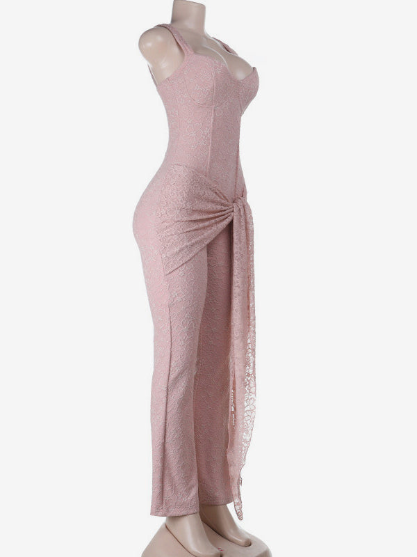 Pink Fairycore Lace Jumpsuit For Women - Tie Front Flare Leg Romper - Summer Romantic Date Night Party Wear 2026