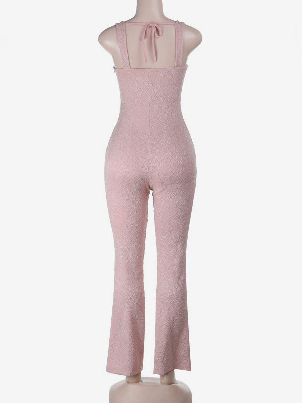 Pink Fairycore Lace Jumpsuit For Women - Tie Front Flare Leg Romper - Summer Romantic Date Night Party Wear 2026