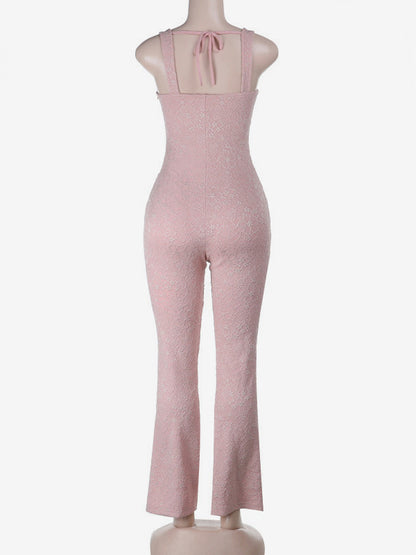 Pink Fairycore Lace Jumpsuit For Women - Tie Front Flare Leg Romper - Summer Romantic Date Night Party Wear 2026