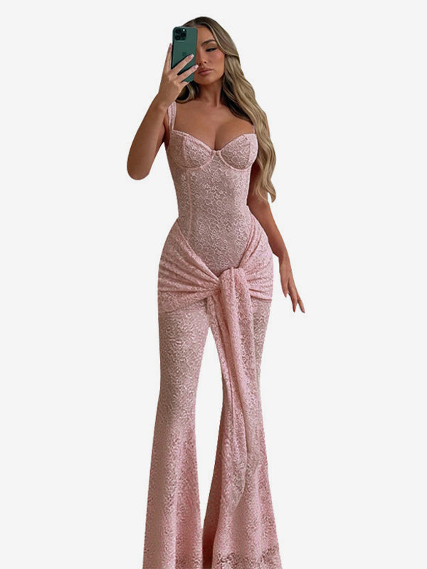 Pink Fairycore Lace Jumpsuit For Women - Tie Front Flare Leg Romper - Summer Romantic Date Night Party Wear 2026
