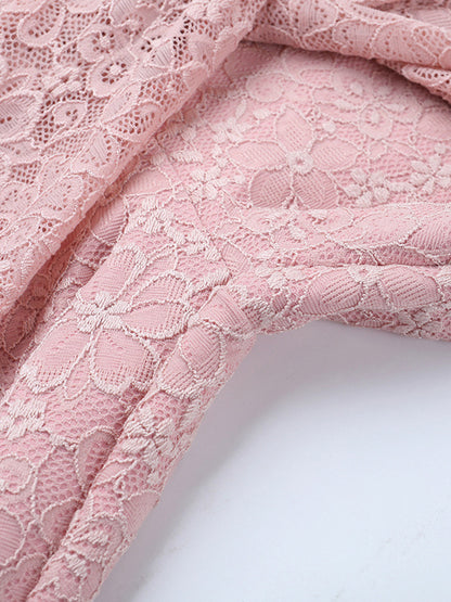 Pink Fairycore Lace Jumpsuit For Women - Tie Front Flare Leg Romper - Summer Romantic Date Night Party Wear 2026